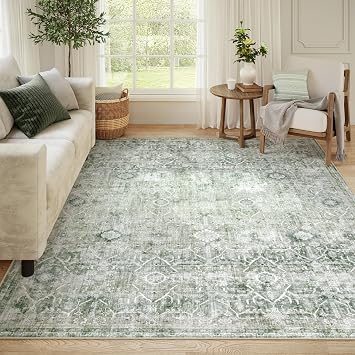 Collive Washable Area Rug 8x10, Green Rugs for Living Room Rugs Non Slip Vintage Farmhouse Bedroom Carpet Stain Resistant Aesthetic Print Floor Rug for Dining Guest Office Classroom