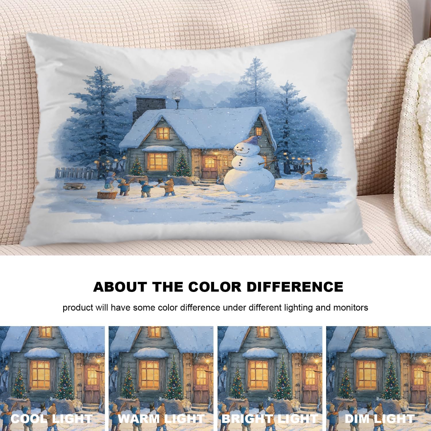 Snowy Scene Children Playing Pillowcases, Winter Cottage with Snowman Bed Pillow Cover Digital Blended Hidden Zipper for Hair Skin Lumbar 20X26 in 2 Pcs