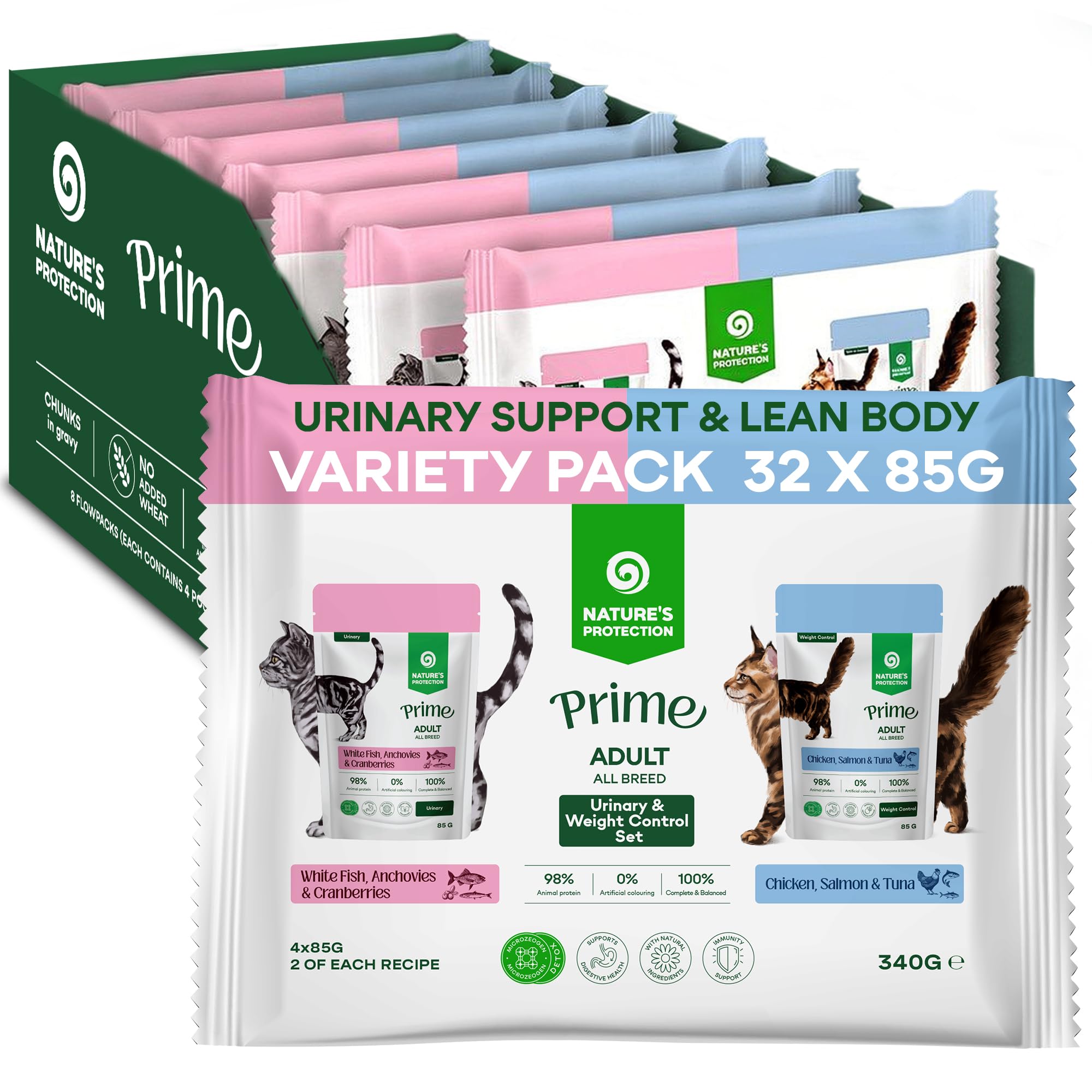 Nature’s Protection Prime Wet Cat Food Pouches for Adult Cats, Hypoallergenic Cat Food in Gravy, Variety Pack with White Fish, Anchovies and Cranberries & Chicken, Salmon and Tuna, 32 x 85g — image 1