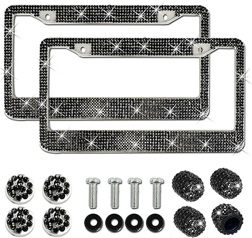 Marcos brillantes para matrícula de automóvil, paquete de 2 soportes para placa de matrícula de diamantes de imitación con 4 tapas de vástago de