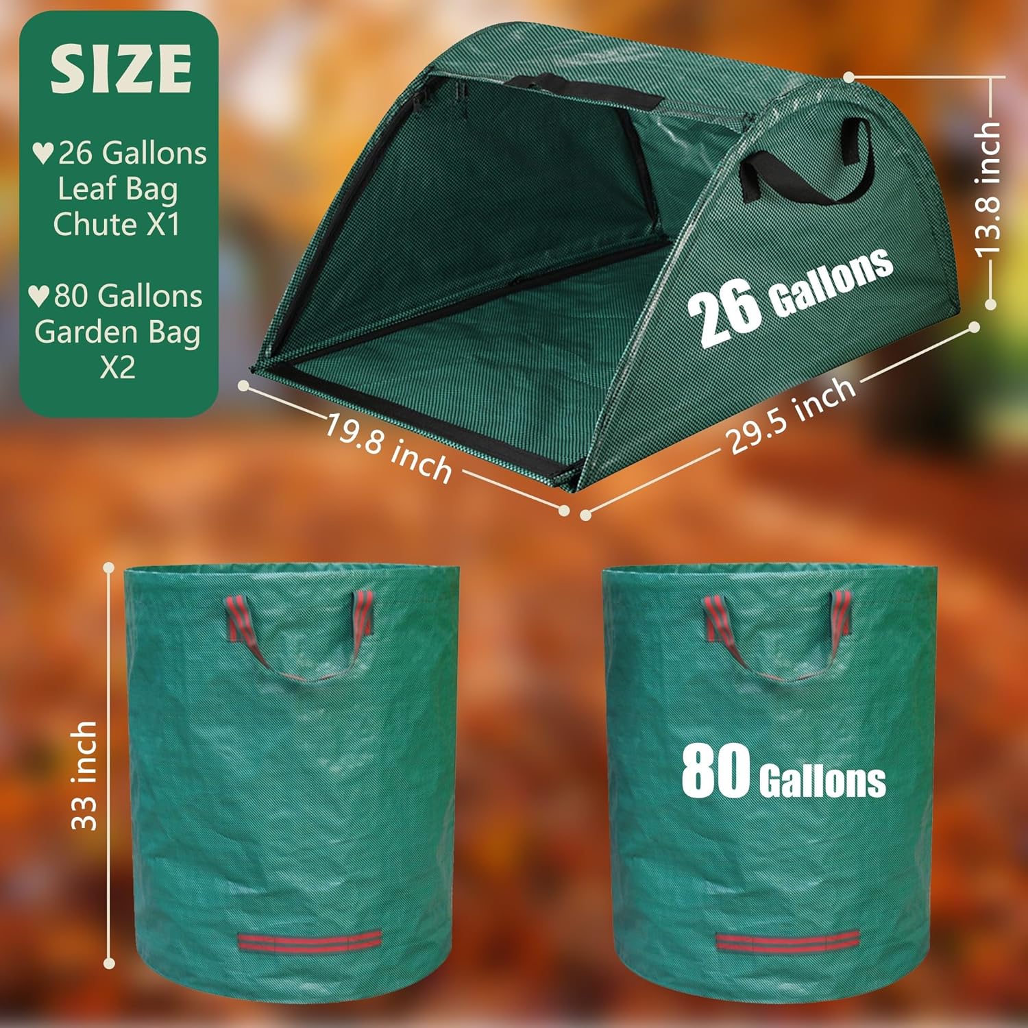3 Pack Garden Leaf Bags, 26 Gallon Leaf Collector Chute, 80 Gallon Reusable Yard Waste Bag, Large Heavy Duty Lawn Leaf Bags for Clean Up Outdoor Debris Leaves Grass Clippings
