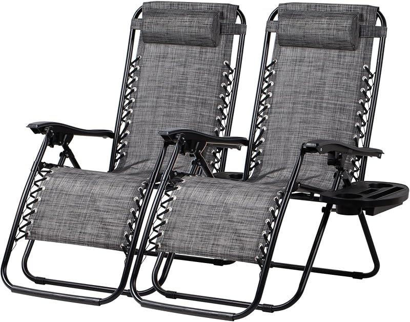 Set of 2 Relaxing Recliners Patio Chairs Adjustable Steel Mesh Zero Gravity Lounge Chair Beach Chairs with Pillow and Cup Holder(Grey)