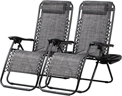 Nazhura Set of 2 Relaxing Recliners Patio Chairs Adjustable Steel Mesh Zero Gravity Lounge Chair Beach Chairs with Pillow and Cup Holder(Grey)