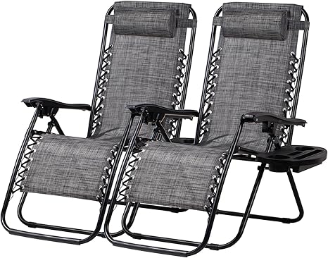 Nazhura Set of 2 Relaxing Recliners Patio Chairs Adjustable Steel Mesh Zero Gravity Lounge Chair Beach Chairs with Pillow and Cup Holder(Grey)