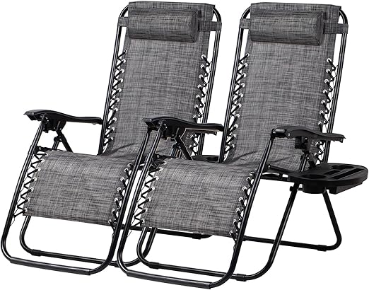 Nazhura Set of 2 Relaxing Recliners Patio Chairs Adjustable Steel Mesh Zero Gravity Lounge Chair Beach Chairs with Pillow and Cup Holder(Grey)