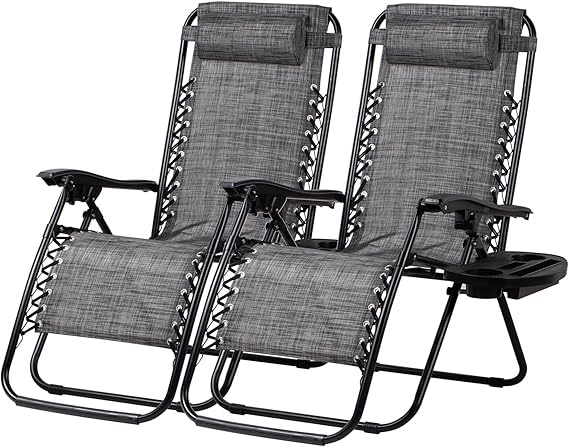 Nazhura Set of 2 Relaxing Recliners Patio Chairs Adjustable Steel Mesh Zero Gravity Lounge Chair Beach Chairs with Pillow and Cup Holder(Grey)