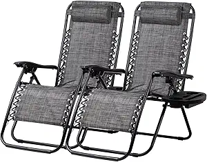 Nazhura Set of 2 Relaxing Recliners Patio Chairs Adjustable Steel Mesh Zero Gravity Lounge Chair Beach Chairs with Pillow and Cup Holder(Grey)