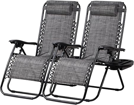Nazhura Set of 2 Relaxing Recliners Patio Chairs Adjustable Steel Mesh Zero Gravity Lounge Chair Beach Chairs with Pillow and Cup Holder(Grey)