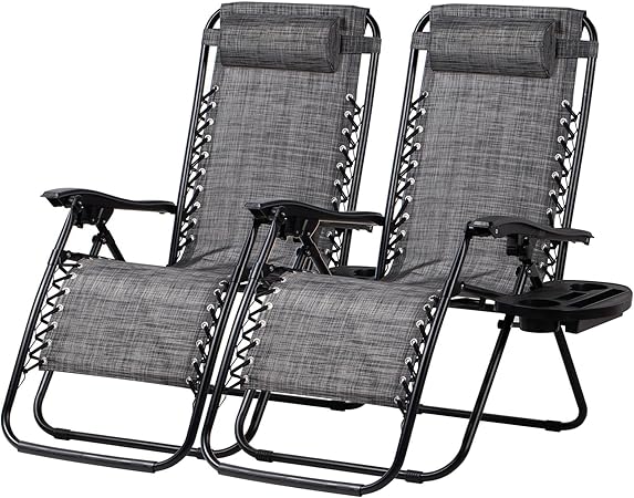 Nazhura Set of 2 Relaxing Recliners Patio Chairs Adjustable Steel Mesh Zero Gravity Lounge Chair Beach Chairs with Pillow and Cup Holder(Grey)