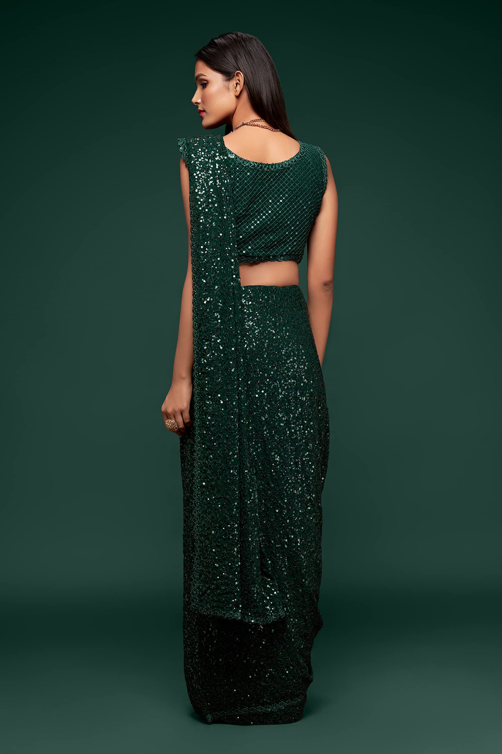 Zeel Clothing Women's Dark Green Sequins Work Heavy Georgette Saree with Blouse (1008-Deep-Green-Sequins-Party-Saree, Deep Green) 3