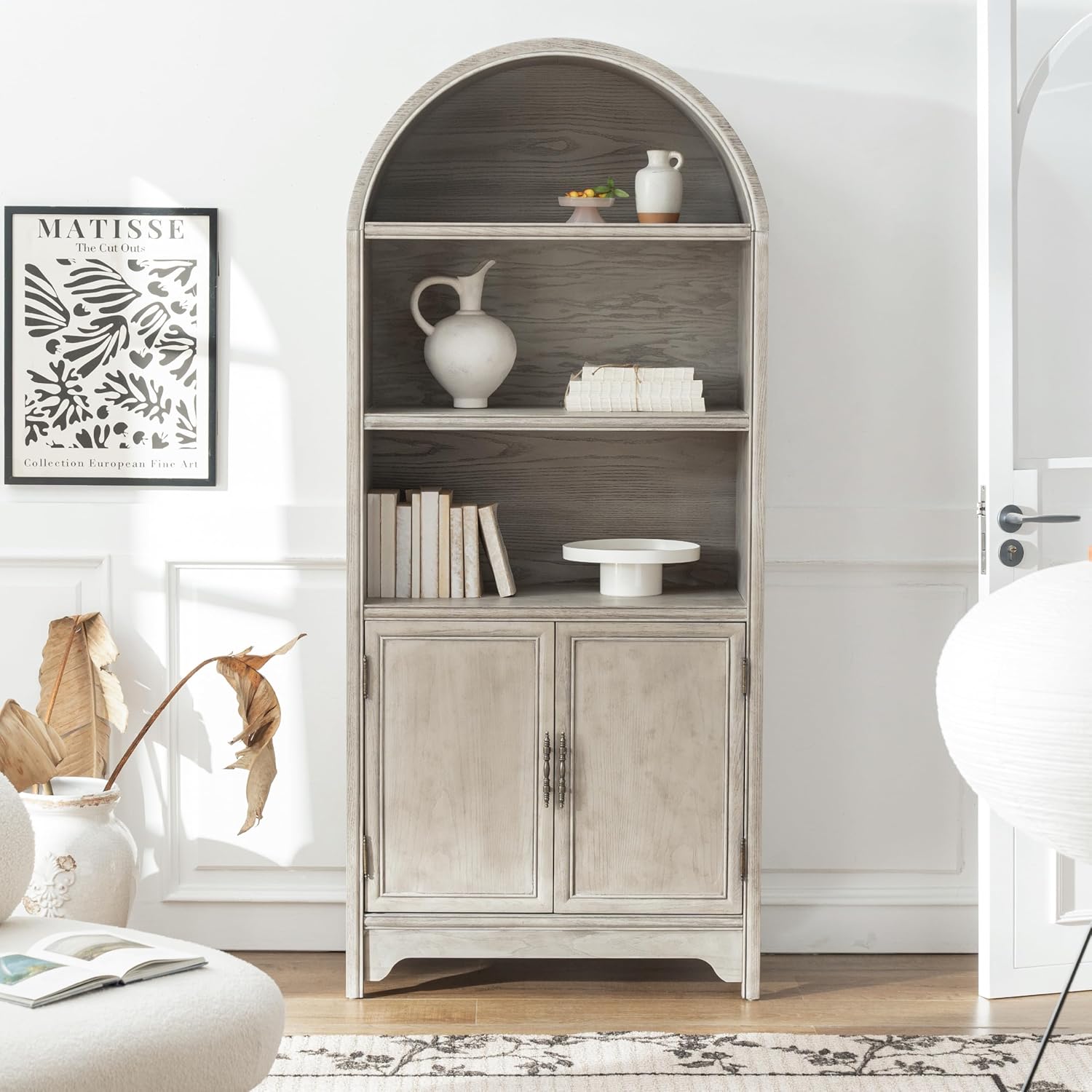 Chogori 71" Solid Wood Arched Storage Cabinet | Freestanding Pantry with Doors | Vintage Bookcase for Kitchen, Living Room, Home Office | Natural Wood Veneers & Water-Based Paint | Bronze Hardware