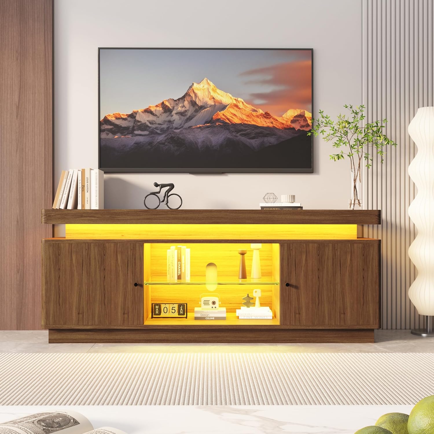 GarveeHome TV Stands for Living Room, 63'' Mid Century Modern Entertainment Center with Storage and LED Lights, TV Console for TV up to 75 inch with Power Outlet, Walnut