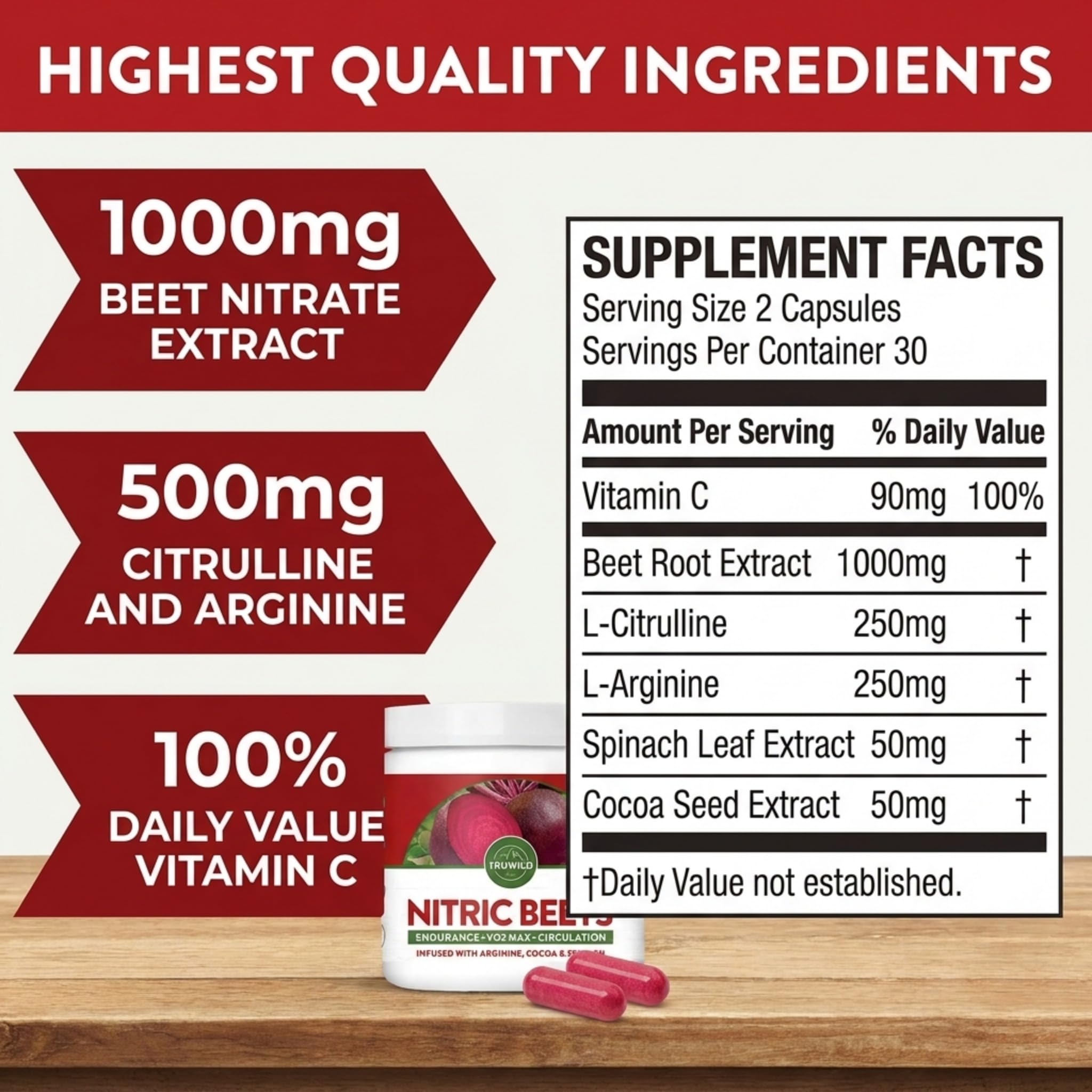 TruWild All Natural Beet Root Powder, Nitric Oxide Booster, 1000mg, Vegan Superfood Capsule Supplement, Beetroot Extract Supports Overall Health, Performance & Stamina, 30 Servings — Amazon image 3