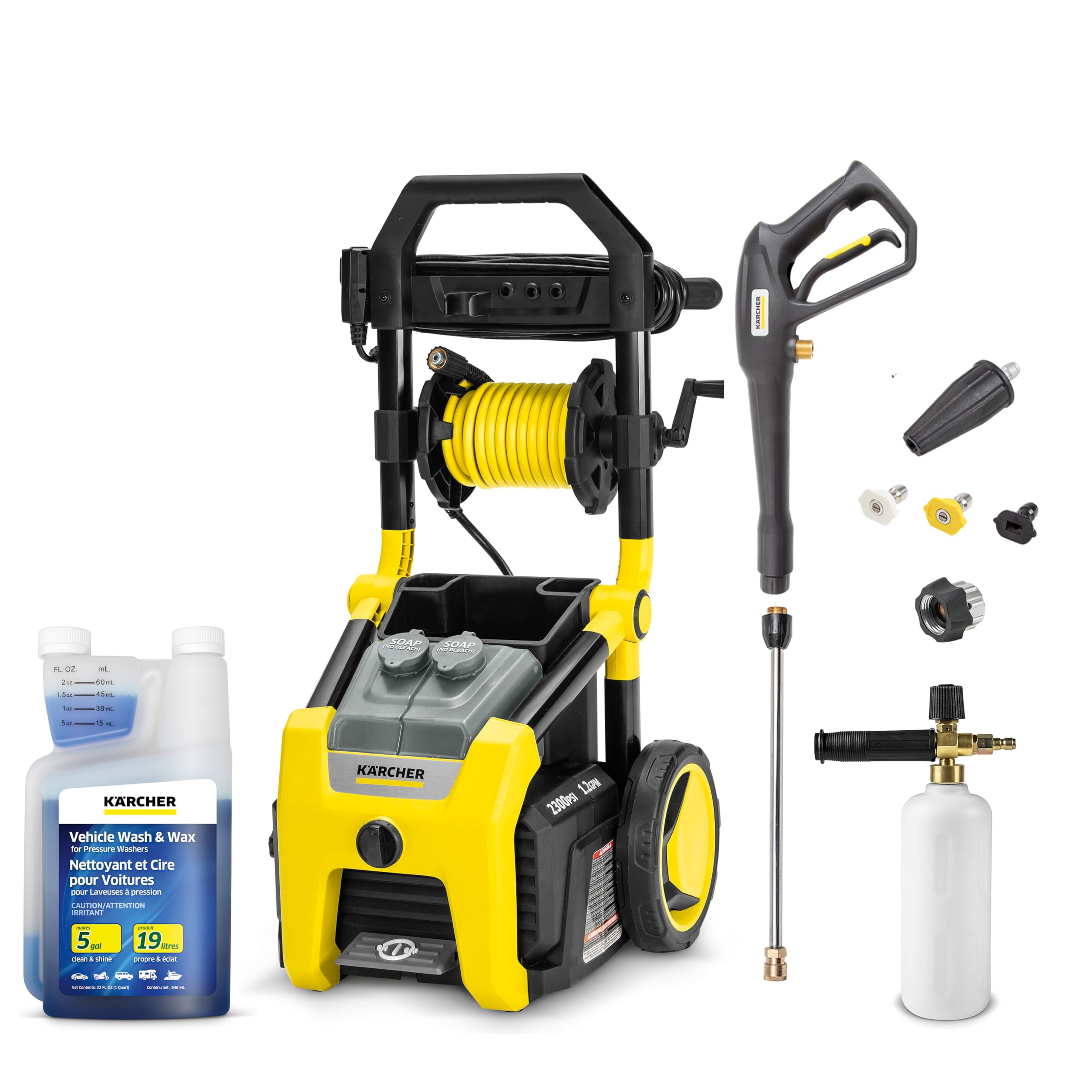 Kärcher K2300PS - Max 2300 PSI and 1.2 GPM - Electric Pressure Washer, Set Includes Foam Cannon, 1 Quart Vehicle Wash & Wax Detergent, Turbo, 15°, 40° and Soap Nozzle
