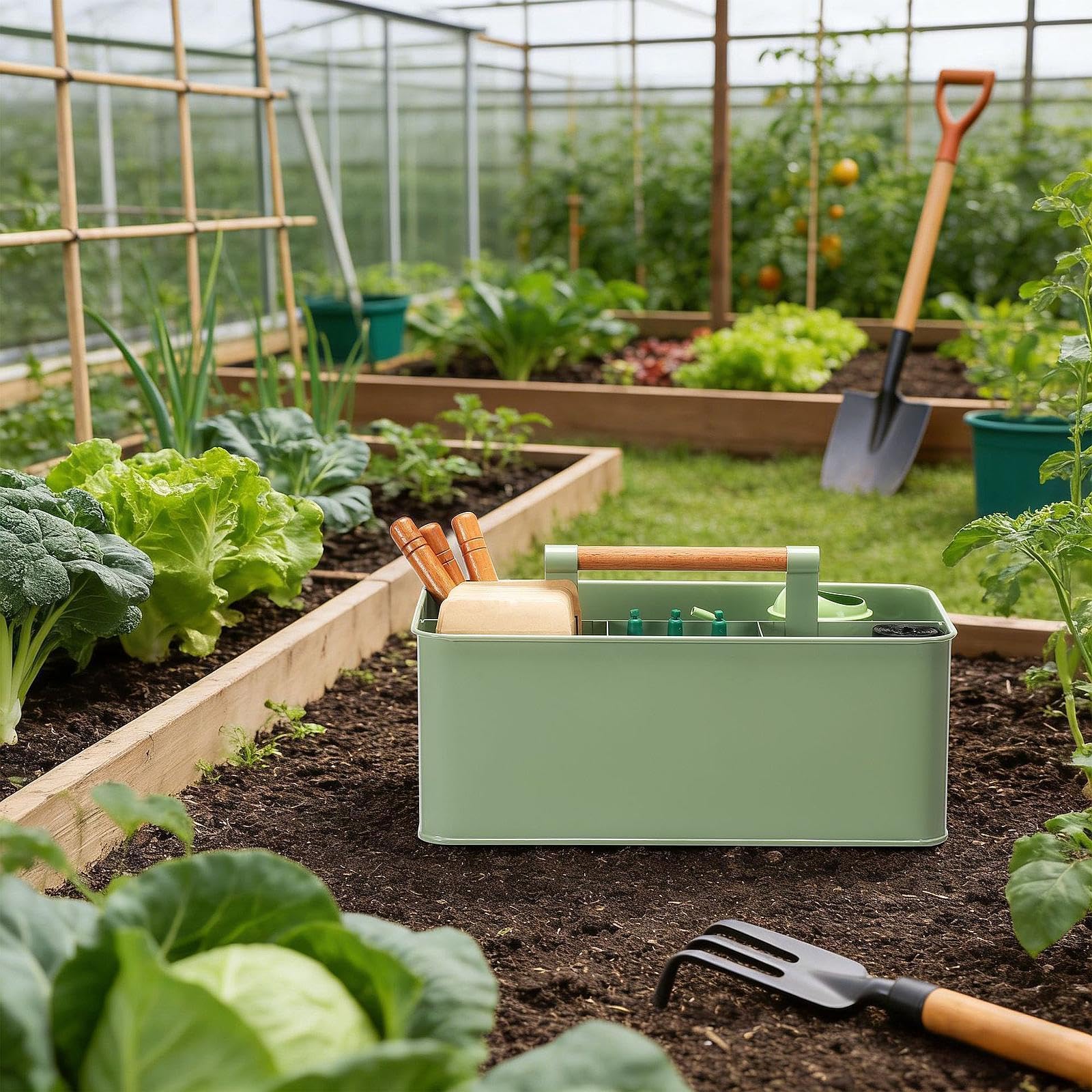 Cesto Porta Attrezzi da Giardino con Manico in Legno – Contenitore per Attrezzi da Giardinaggio – Idea Regalo per Appassionati di Giard, Verde