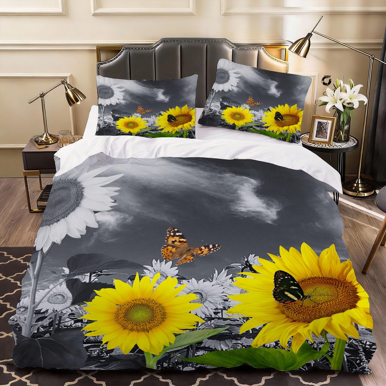 3D Sunflower Butterfly Duvet Cover Plant Bedding Double Bed Set, Soft Microfiber Comforter Cover Printed with Zipper Closure Quilt Coverr 200x200 cm and 2 Pillowcases