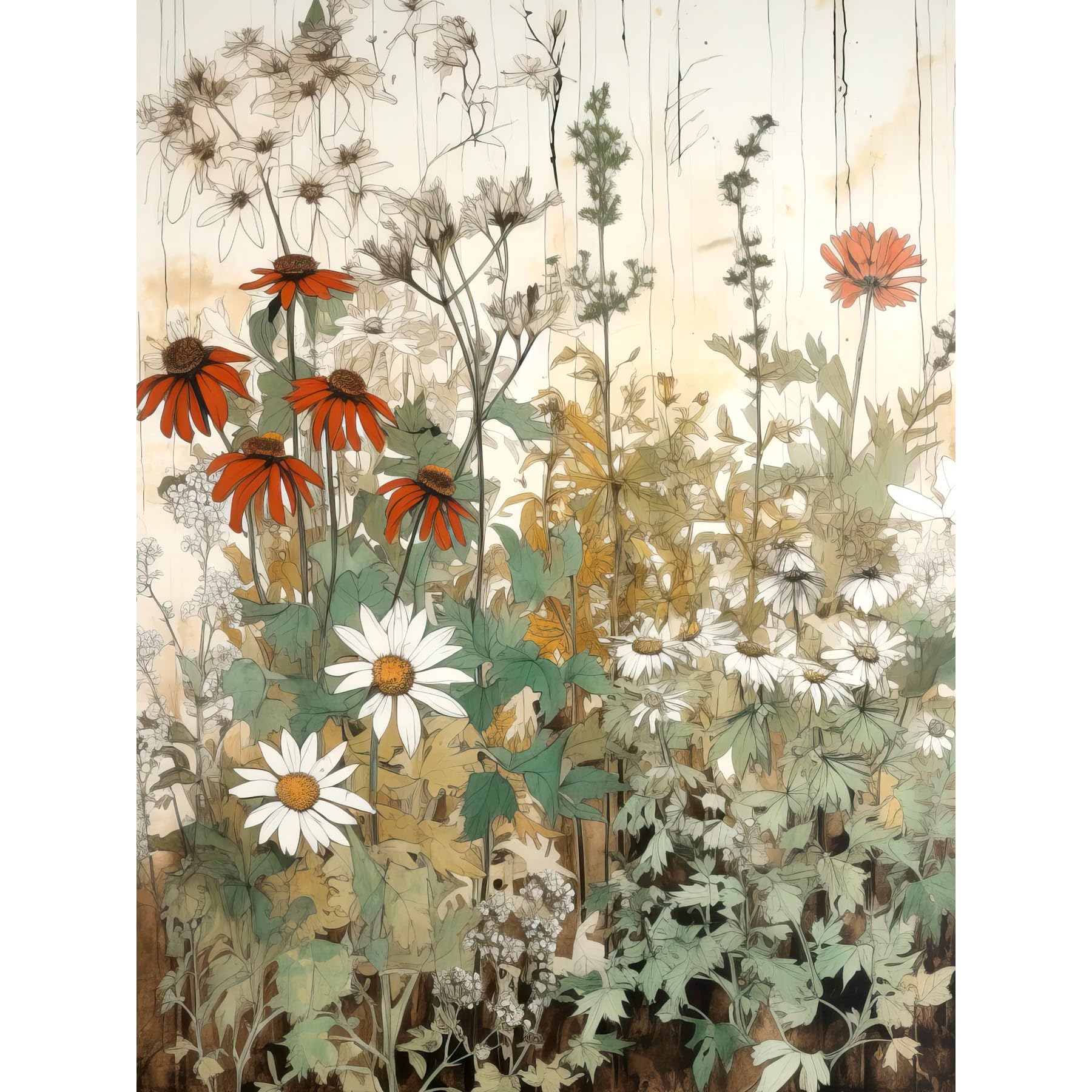 Artery8 Wildflowers Vintage Watercolour Painting Red White Daisy Flowers Spring Field Large Wall Art Poster Print Thick Paper 18X24 Inch