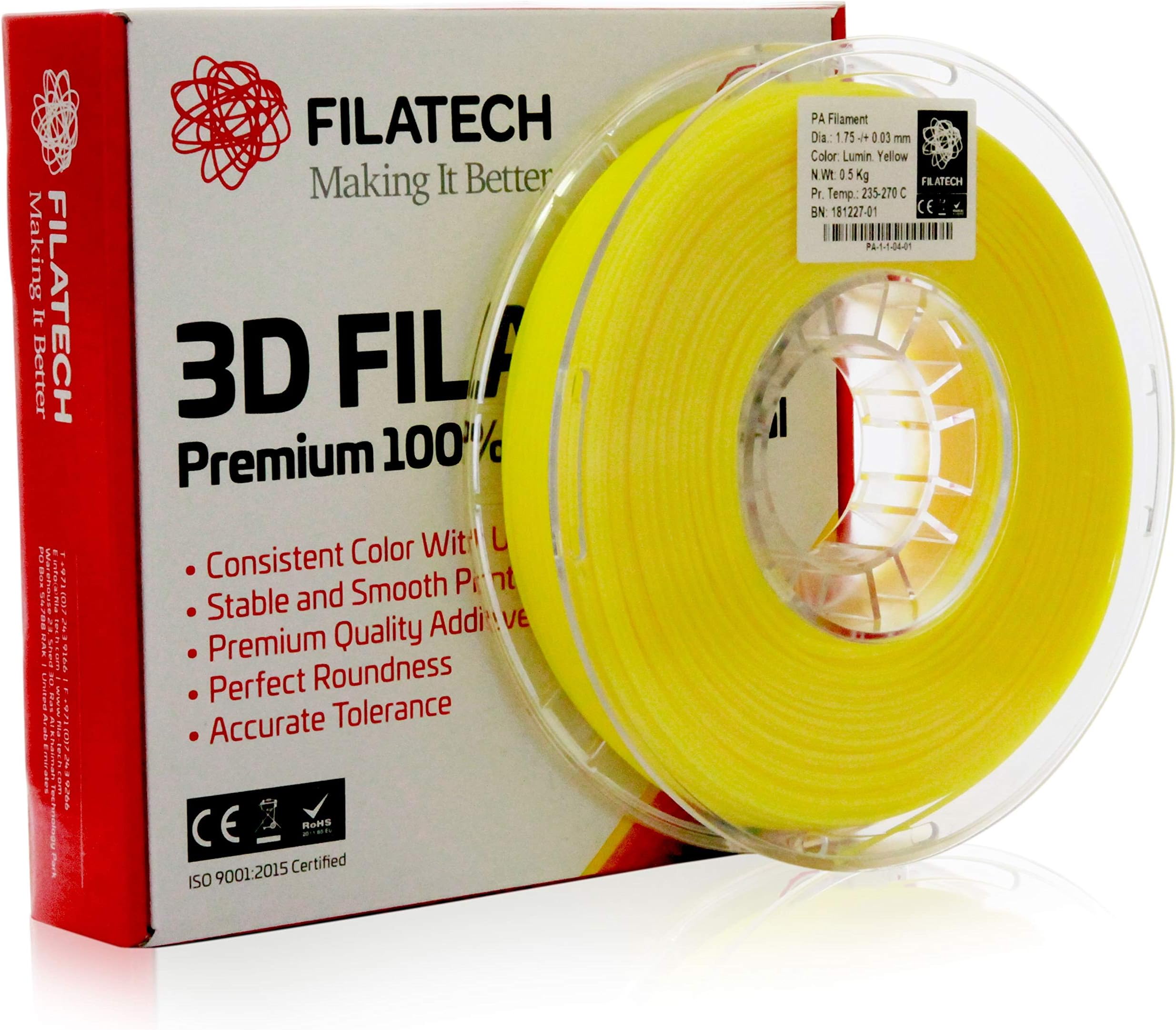 Filatech 3D Printing PA (Nylon) Filament, 1.75 mm +/- 0.05 mm, 0.5 Kg Spool, 100% Virgin Material, Made in UAE (Lumin Yellow)