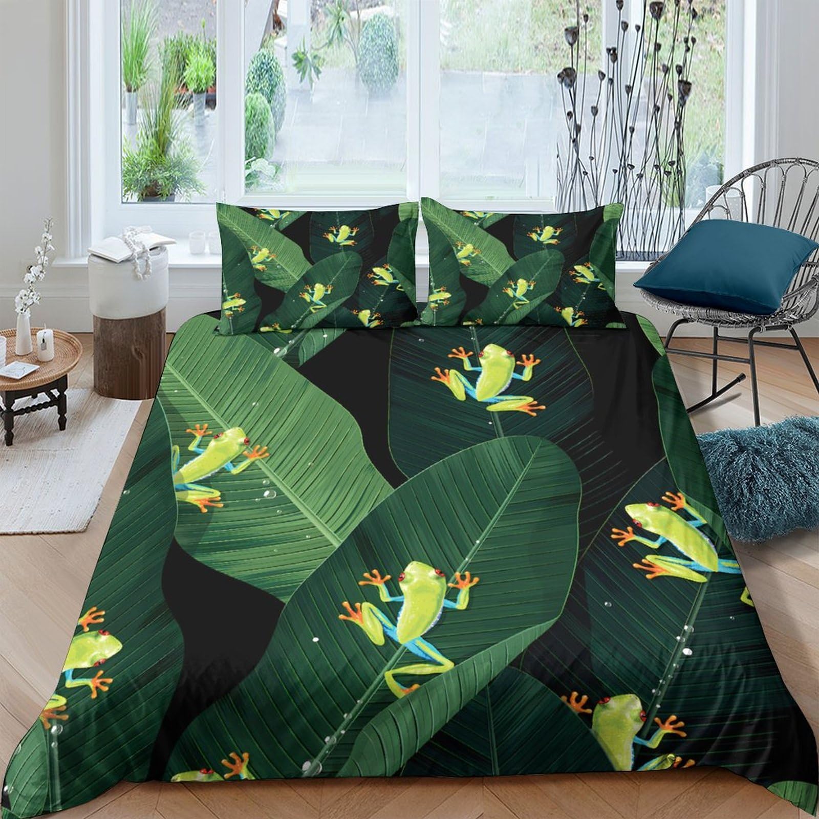Ctjqhvkz Style-10 3D Printed Tropical Leaf Fitted Sheet Microfiber Vibrant Frog Mattress Cover For Bedroom Decor Dustproof Washable Single（135X200cm）
