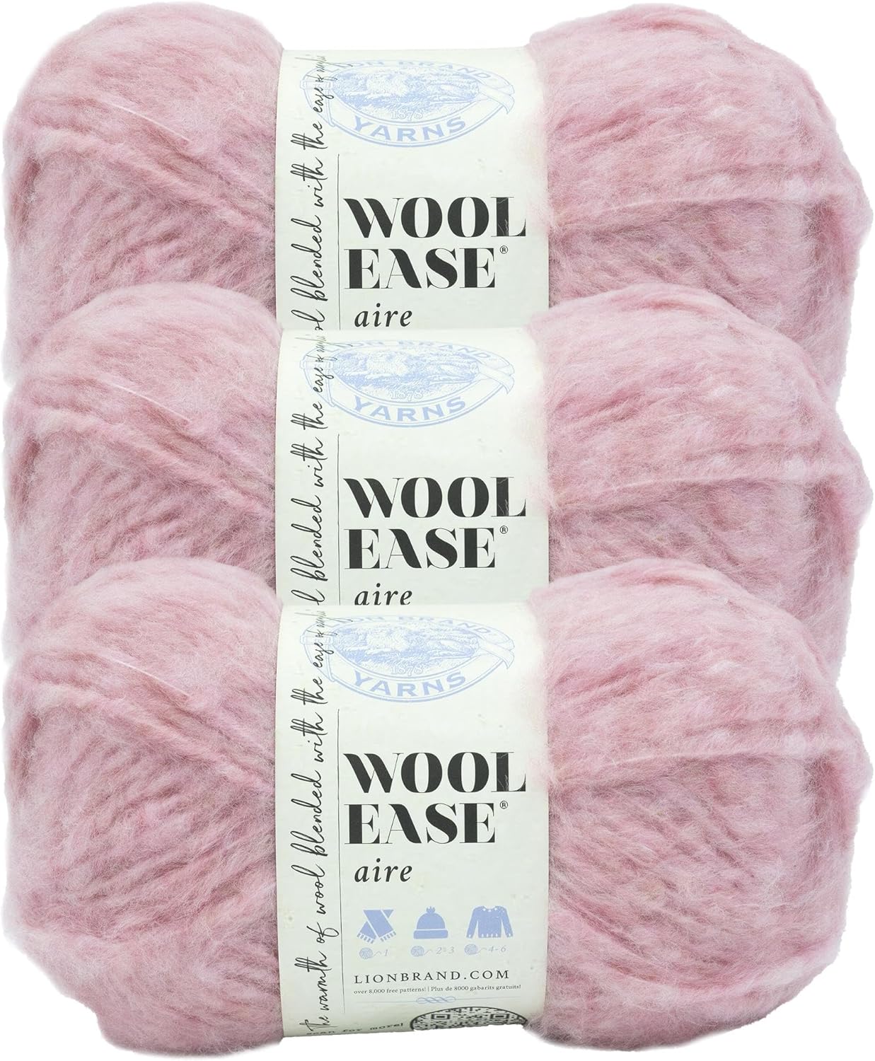 Lion Brand Wool-Ease Aire Yarn, Soft Yarn for Knitting, Crochet, and Crafts, Cotton Candy, 3 Pack