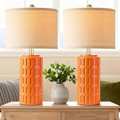 Miniatura 10 de PARTPHONER Juego de 2 lámparas de mesa de cerámica modernas de 23 pulgadas, lámparas de mesa para sala de estar, lámparas de noche rústicas de