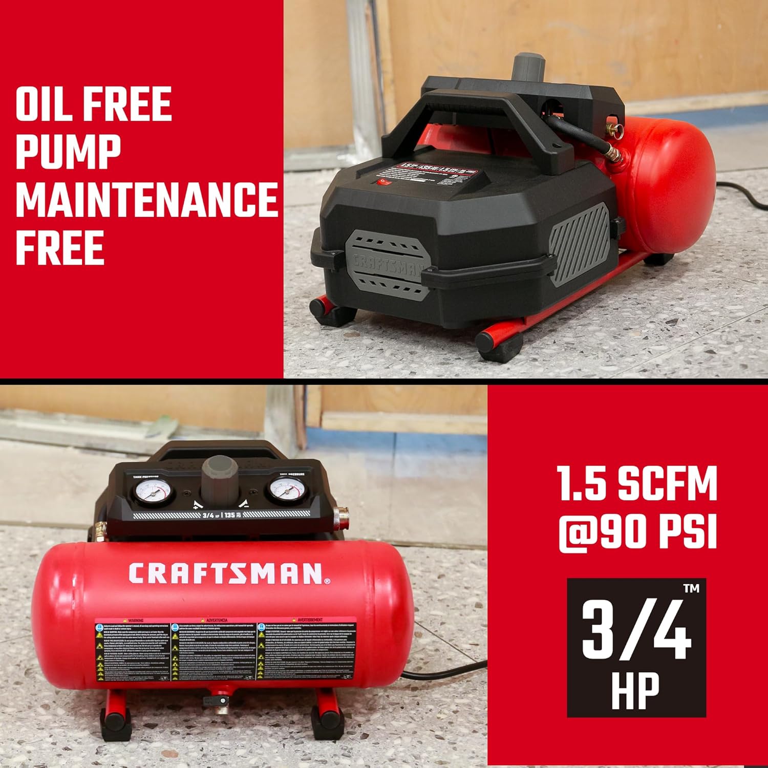 CRAFTSMAN Air Compressor, 1.5 Gallon, 3/4 HP, Max 125 PSI, 1.5 CFM@90psi, Fast Fill Air Compressor, Oil-Free, Portable Air Compressor for DIY Workshop,Spray Painting, Tire Inflation