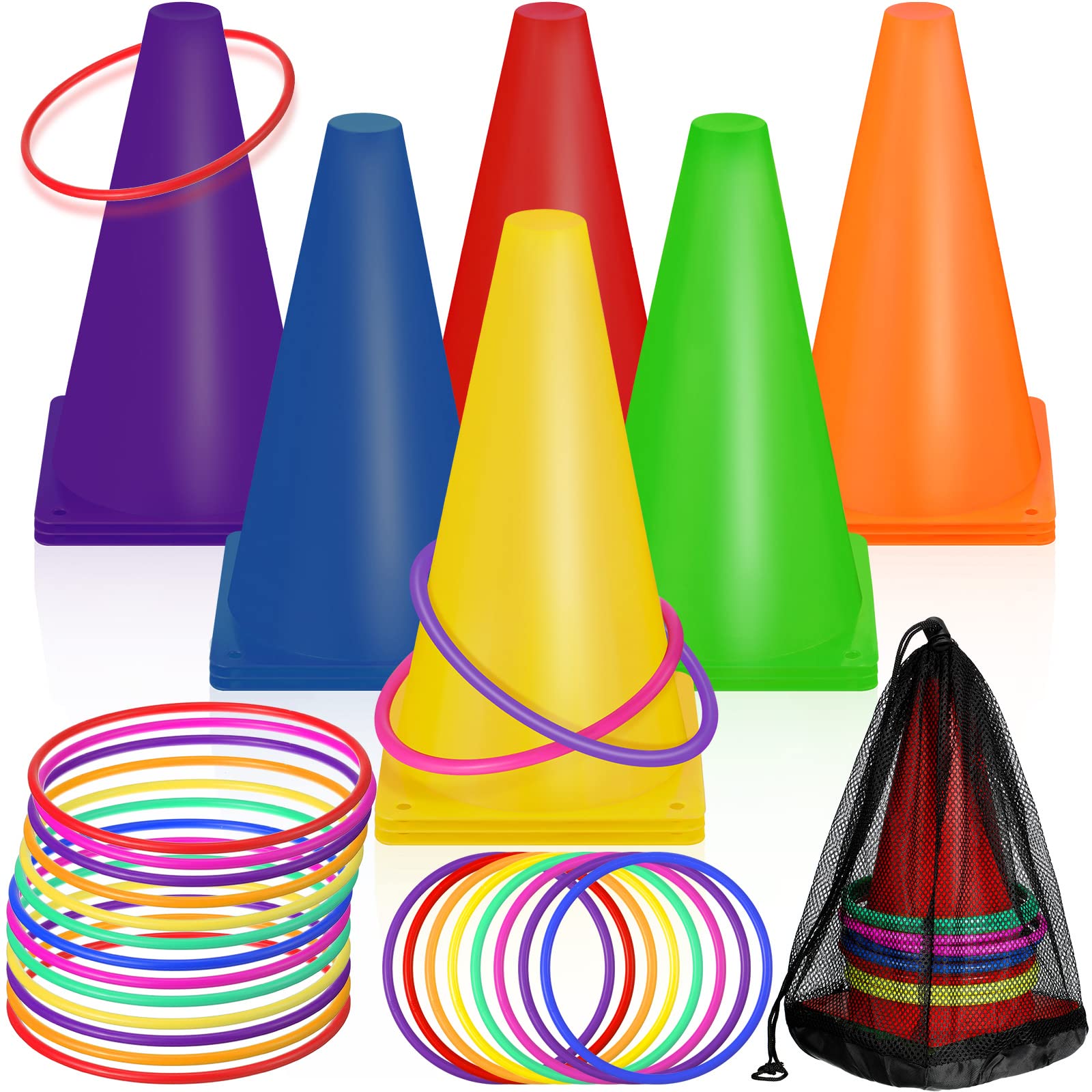 81 Pcs Plastic Cones Ring Toss Combo Set Outdoor Carnival Games, for Kids Adults Birthday Party Throwing Backyard Lawn Game Booth, Speed Agility Practice Games, Mini Construction Traffic Safety Cones