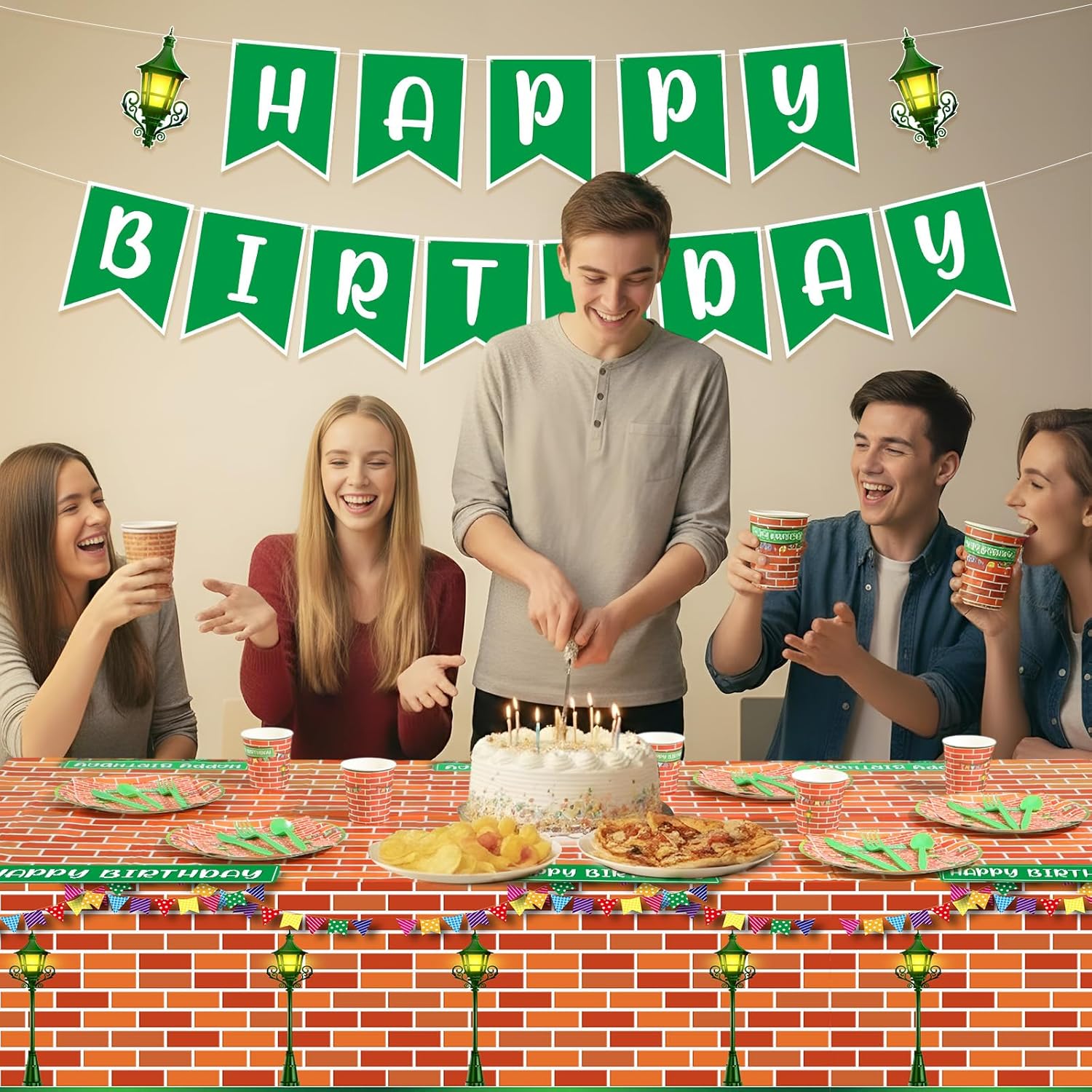 Qinyoung 171 Pcs Street Theme Birthday Party Decorations Red Brick Wall Street Party Supplies Happy Birthday Banner Plastic Tablecloth Paper Plates Tableware for Cartoon Theme Decorations