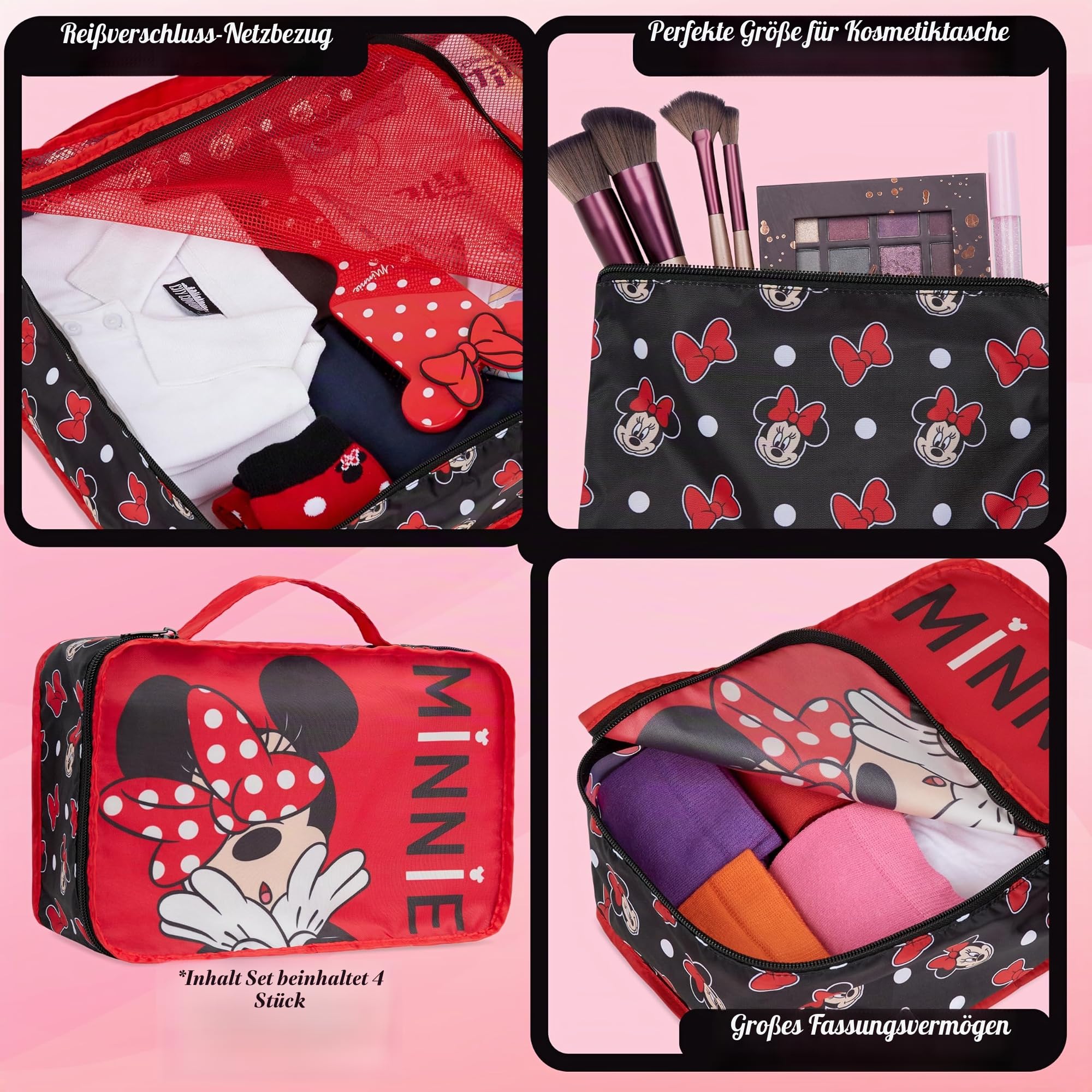 Disney Travel Organizer Taschen 4er-Set mit 3 Packing Cubes & 1 Kosmetiktasche Blau - Reise Zubehör (Rot Minnie)