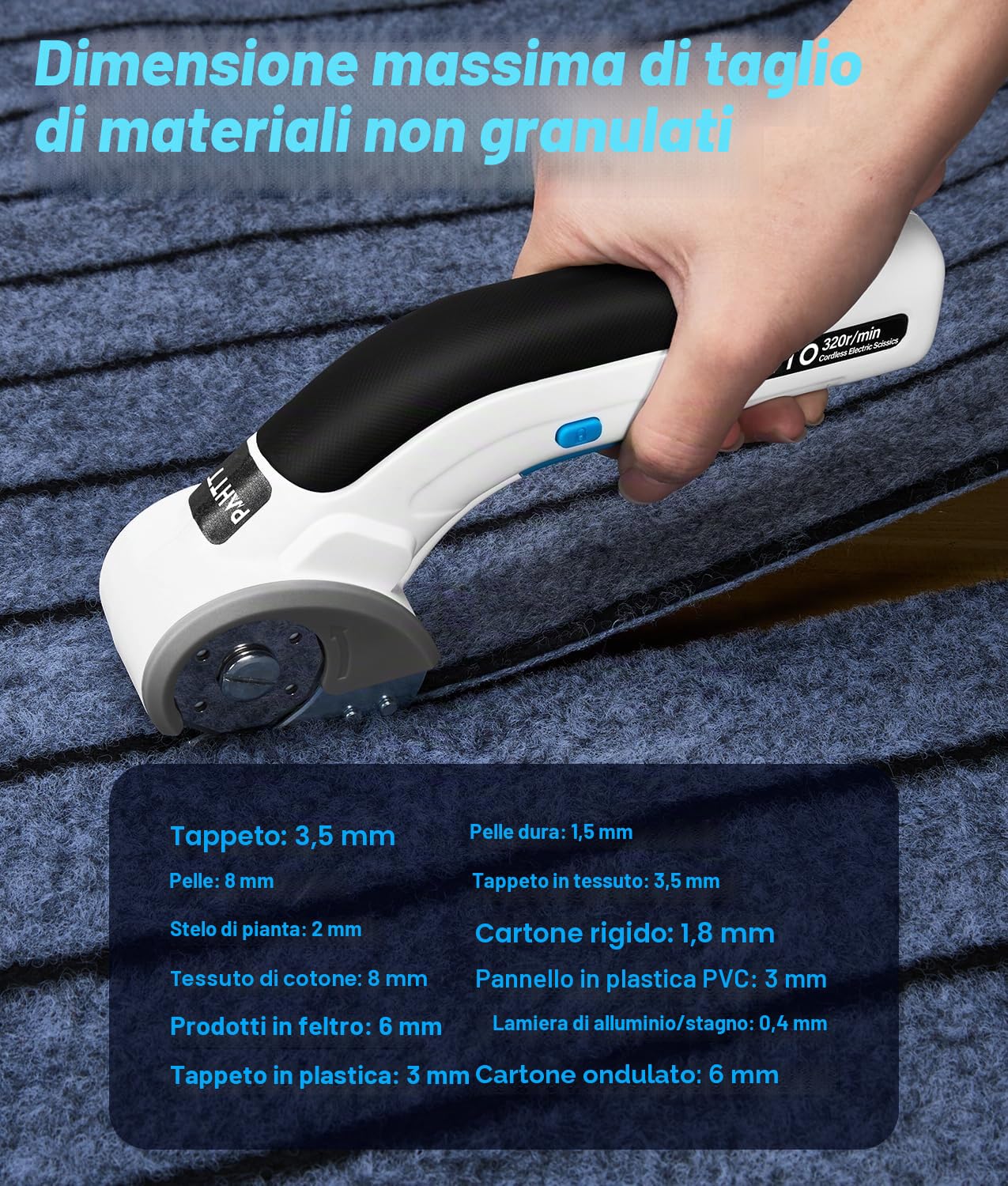 PAHTTO Forbici elettriche Taglierina per cartone 4V, 320 giri/min, taglierina rotante senza fili Taglierina universale Batteria con 2 lame autoaffilanti, per cartone, moquette, pelle, tessuto, PVC