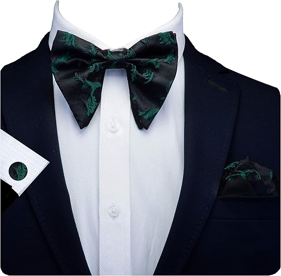 Amazon Gusleson ファッション 花柄 調節可能 結んである大きな蝶ネクタイ ポケットチーフカフスボタンセット ボックス付き グリーン ブラック General ネクタイ 通販