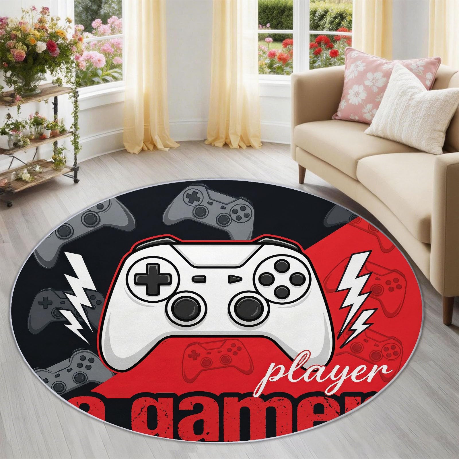 Tapis Rond Rouge Noir 180 cm, Tapis de Sol Lavable et Antidérapant Doux et Moelleux Manette, Tendance E-Sport Décoration pour Salle à Manger Salle de séjour Salle de Jeu