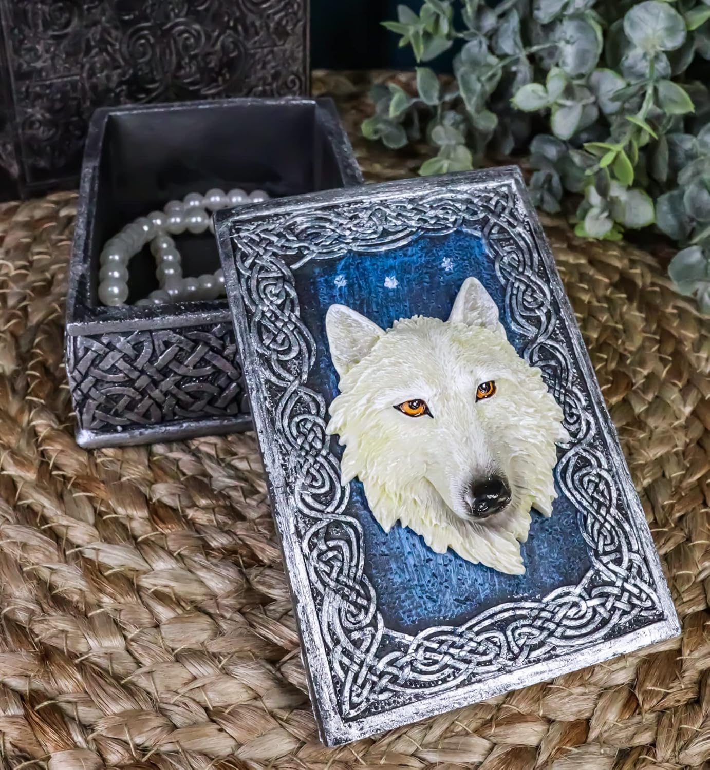 Ebros Gift Celtic Blue Starry Night Element Alpha Wolf Rectangular Decorative Box Figurine As Keepsake Jewelry Stash Storage Decor of Timberwolves Wolves Animal Totem Spirit Sculpture (Snow White)