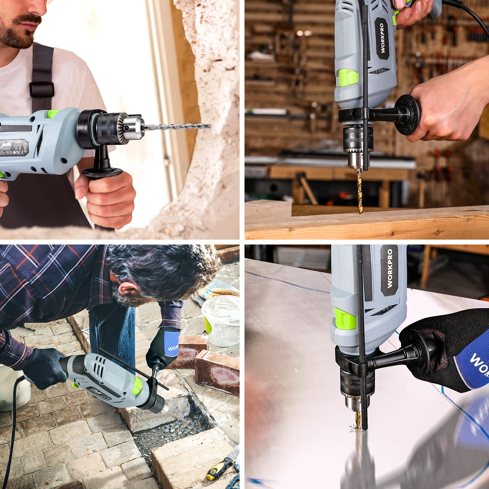 WORKPRO Trapano a Percussione 850 W, Trapano Elettrico a Filo, Trapano a Percussione con Impugnatura Girevole a 360°, 3000 giri/min, Pulsante di Velocità Variabile