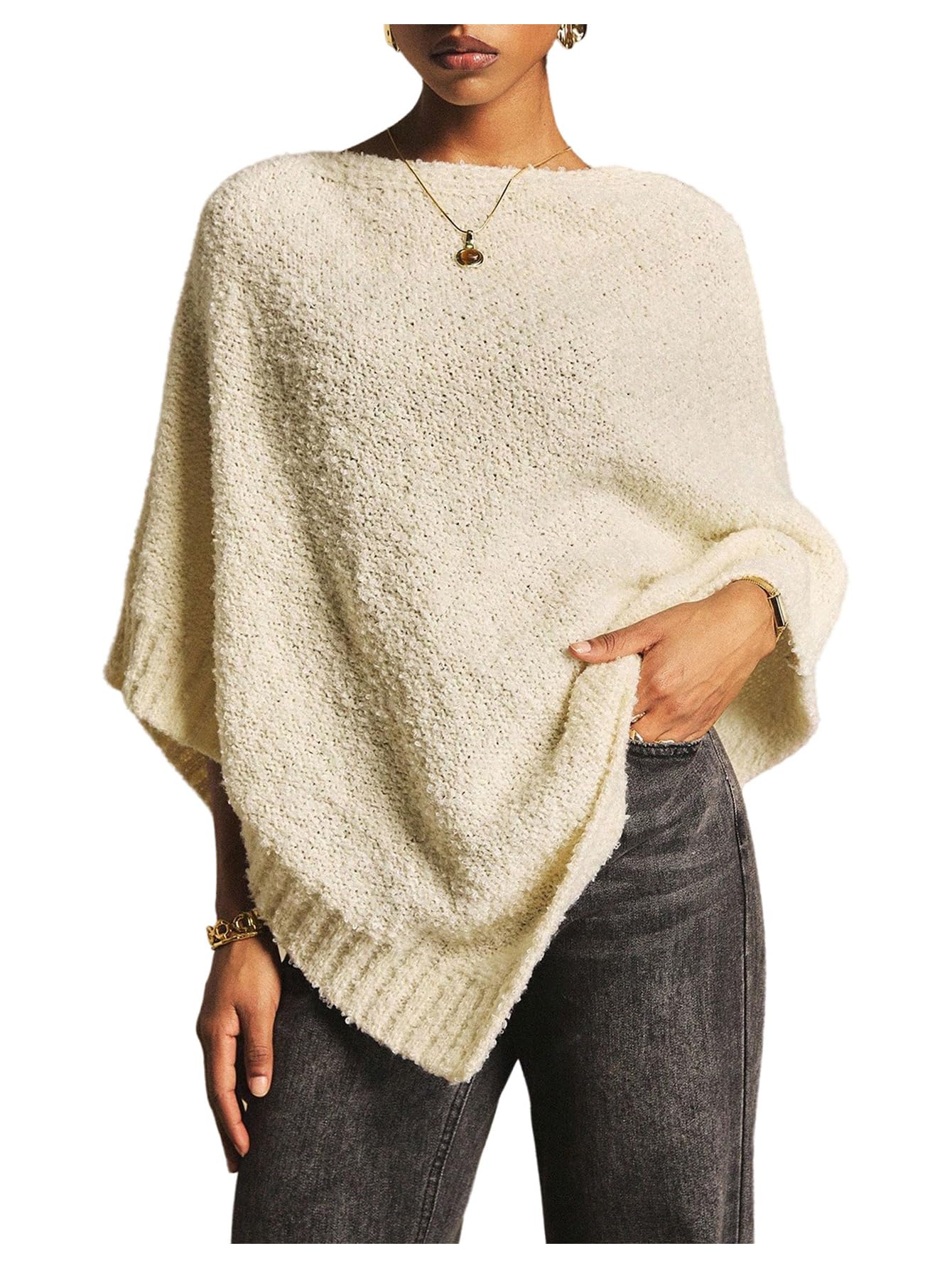 MakeMeChic Womens Oversized Poncho Sweater Crew Neck Asymmetrical Business Knit Tops