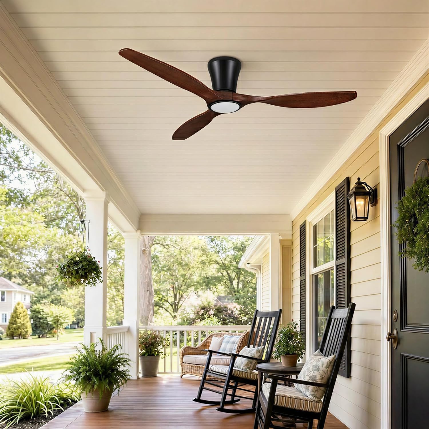 Skylike 52" Wood Ceiling Fan with Lights, Flush Mount Low Profile Ceiling Fan with Remote Control, Dimmable LED, Quiet Ceiling Fan Indoor/Outdoor for Living Room Bedroom Patio-Dark Walnut Finish