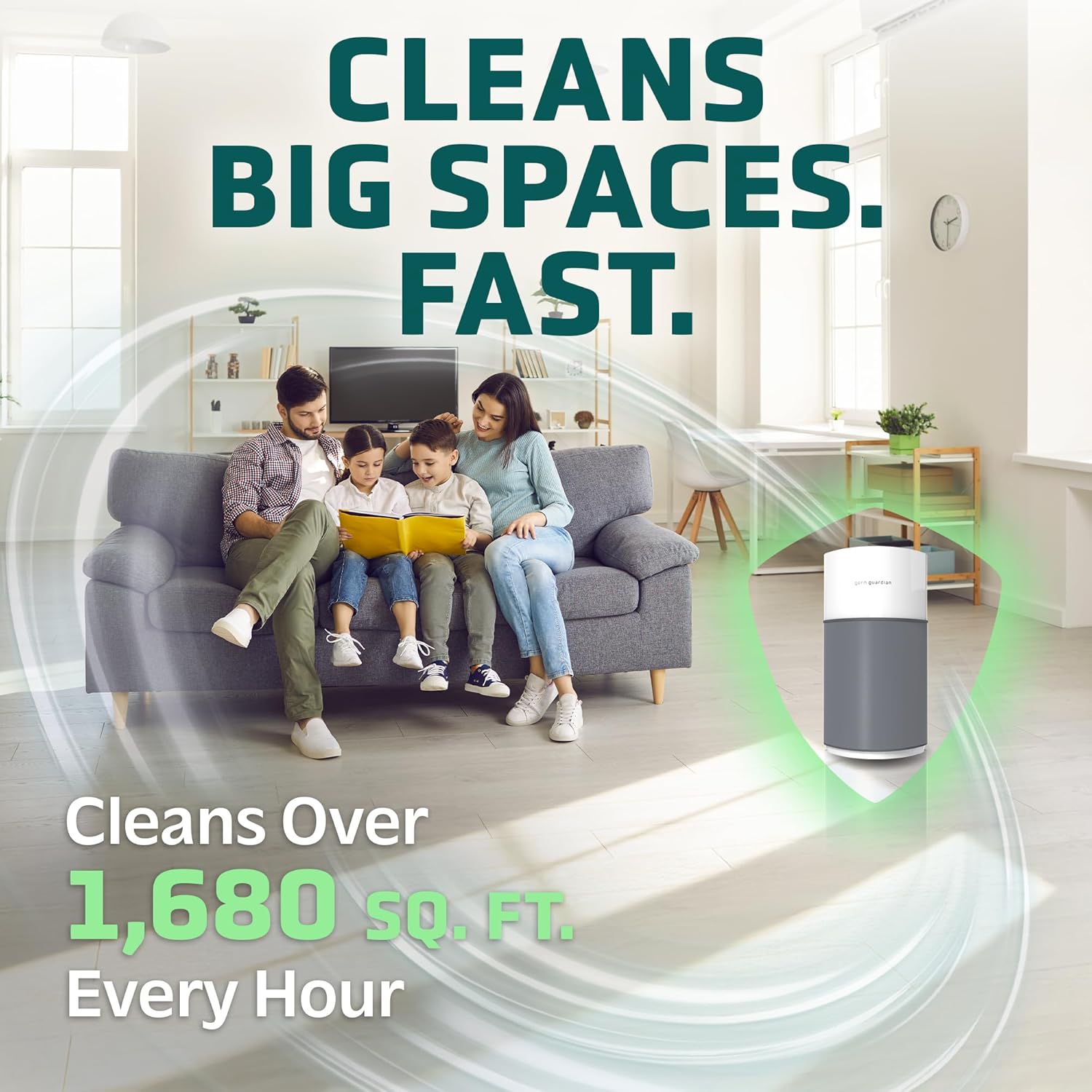 GermGuardian Airsafe+ XL Intelligent Air Purifier for Home, Wildfire Smoke, Pollen, Odors with HEPA Pure Filter, UV-C, Air Quality Indicator, for Large Rooms 1680 sq. ft, 20”, Gray/White, AC3200 - Image 2