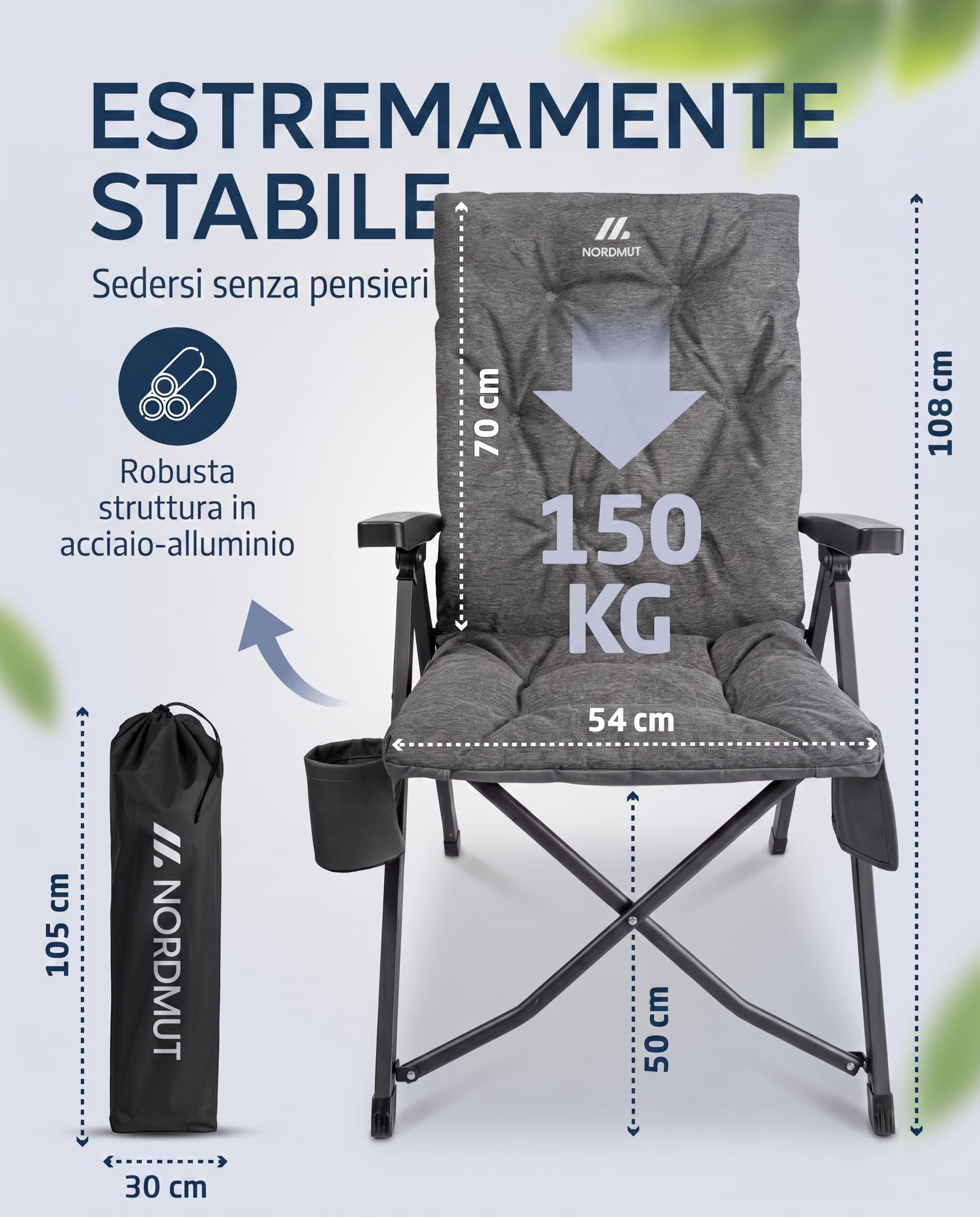 NORDMUT® Sedia da campeggio premium pieghevole con schienale alto – regolabile in 4 posizioni – Comoda sedia da giardino con portata 140 kg per campeggio e outdoor (Grigio cenere 1x)