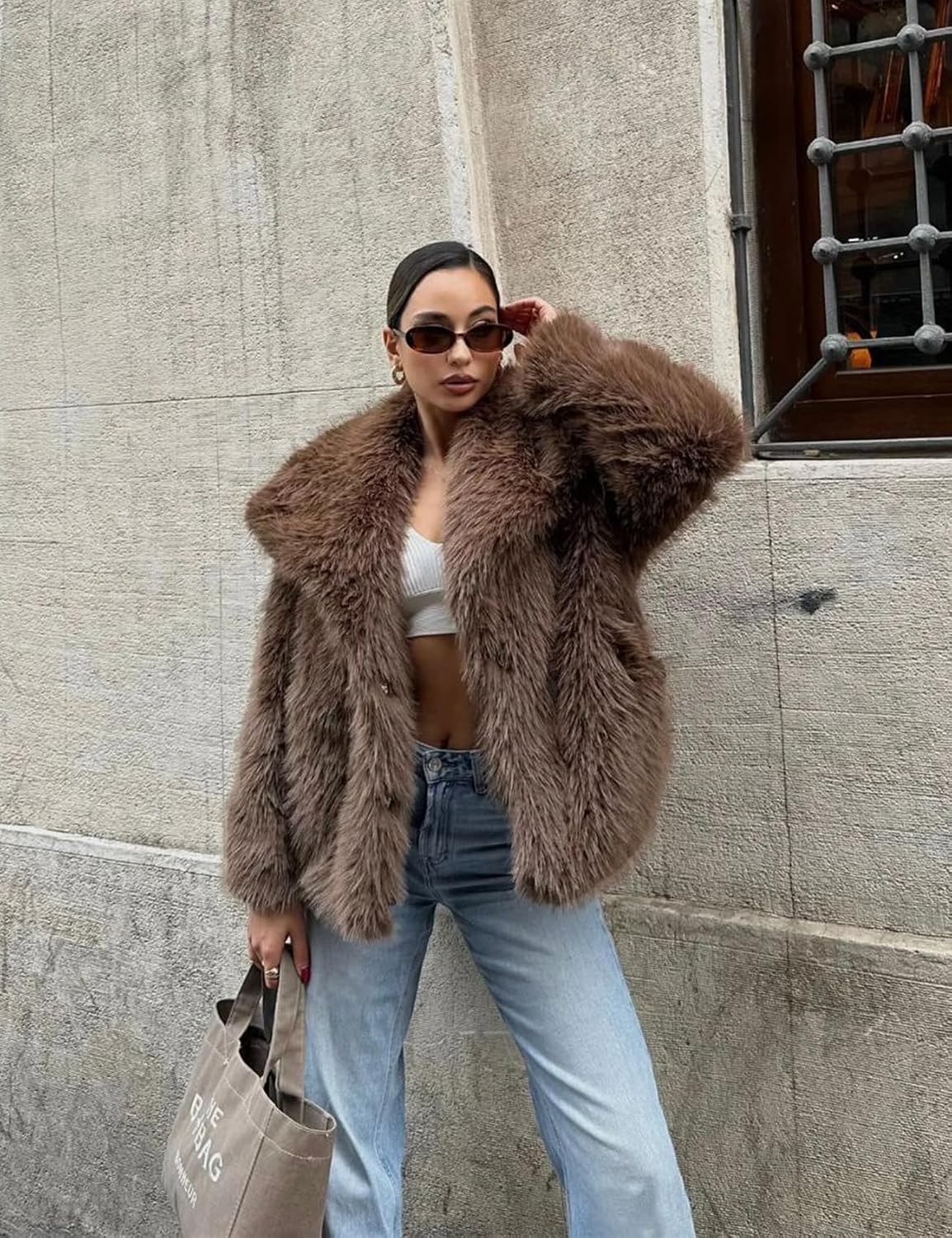 COZYPOIN Womens Faux Fur Jacket Fluffy Fur Coat Cropped Long Sleeve Lapel Button Down Fuzzy Winter Outerwear - Image 8