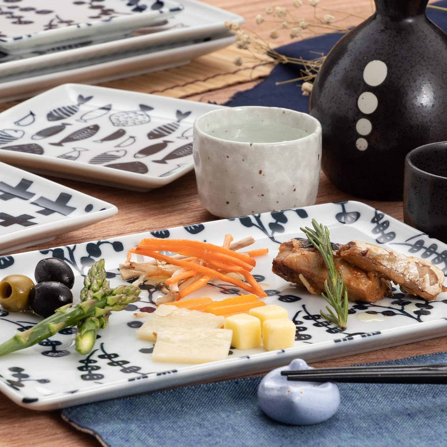 TAMAKI T-836965 Block Print Plate, Set of 3, Diameter 6.3 x Depth 10.2 x Height 0.7 inches (16 x 26 x 1.8 cm), Microwave and Dishwasher Safe, Made in Japan