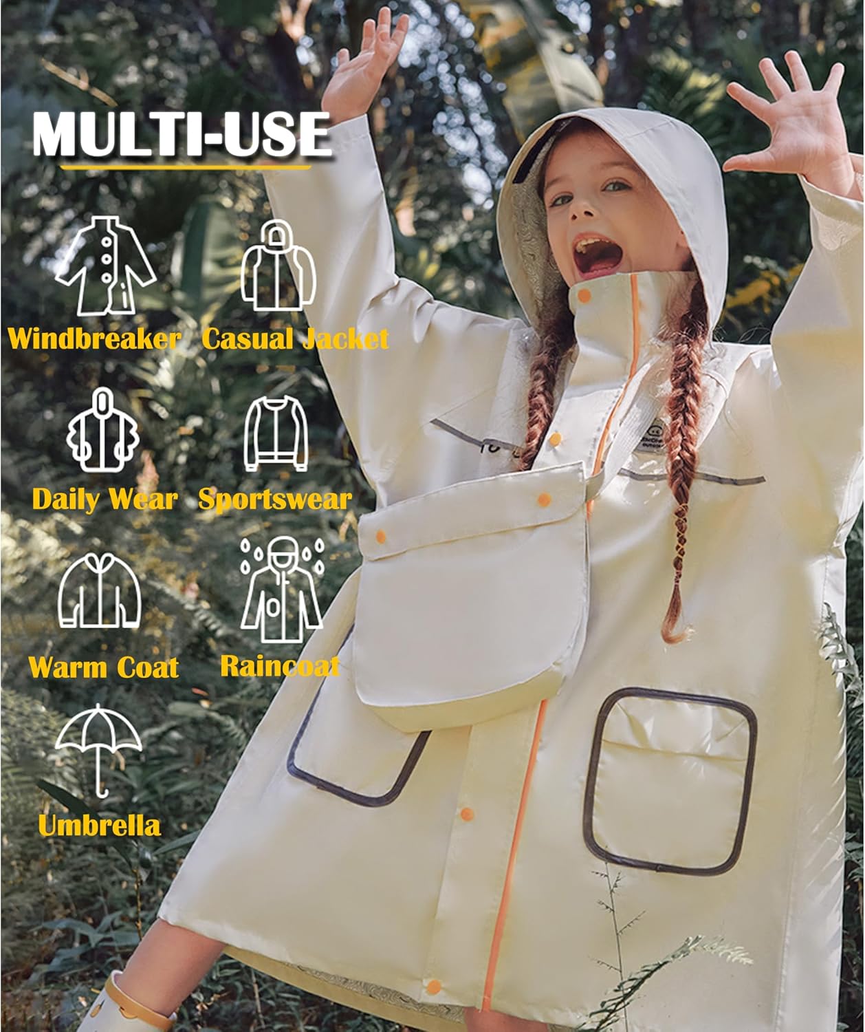 Fewlby Kids Raincoat Toddler Poncho Windbreaker Waterproof Rain Jacket with Magical Water-Reactive Patterns for Boys Girls
