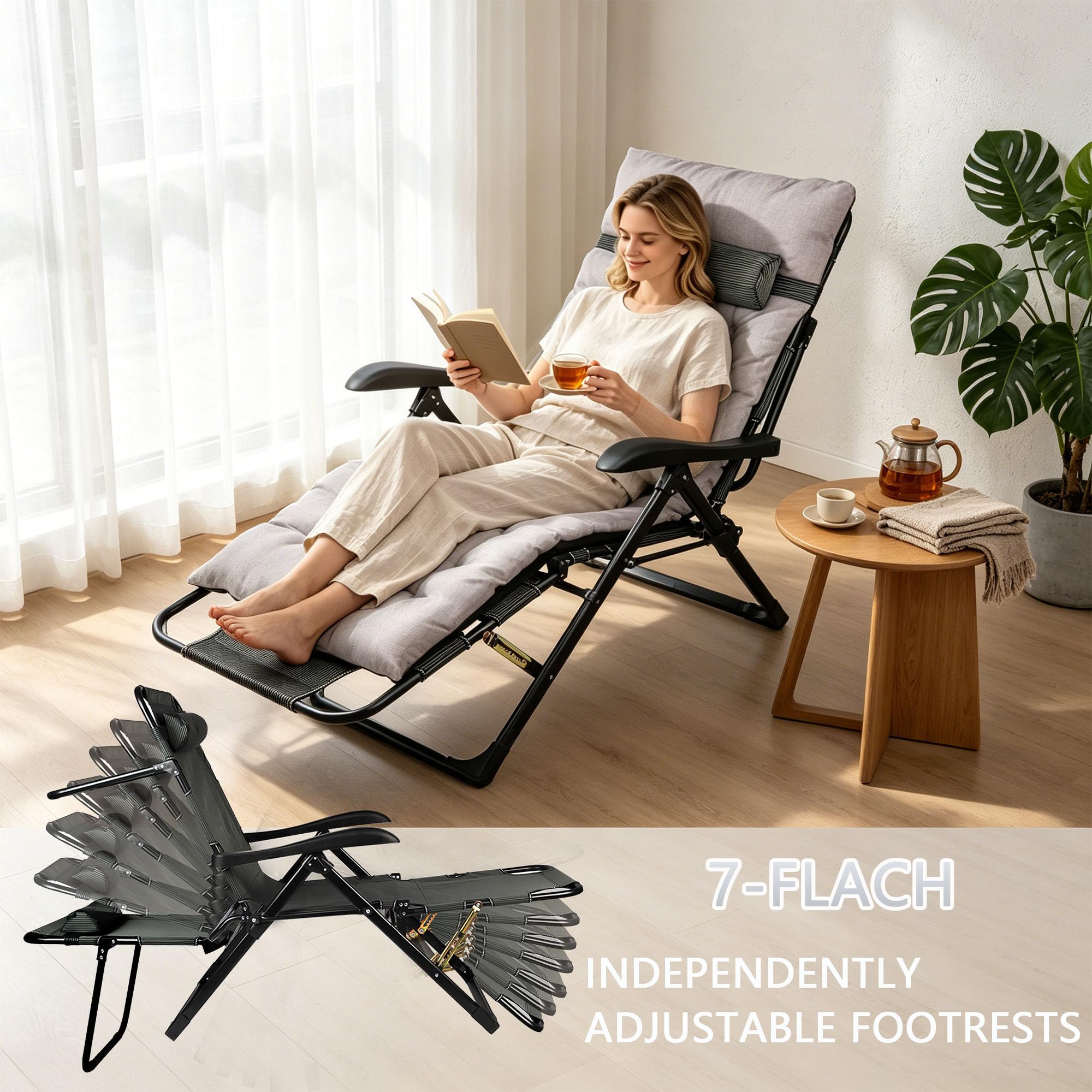 Sonnenliege Klappbar Liegestuhl Extra Groß Gartenliege,Relaxliege Outdoor mit Auflage,Relaxsessel Garten 7-fach Verstellbare Rückenlehne & Fußstütze,Liege Klappliege für Balkon Patio Wohnzimmer