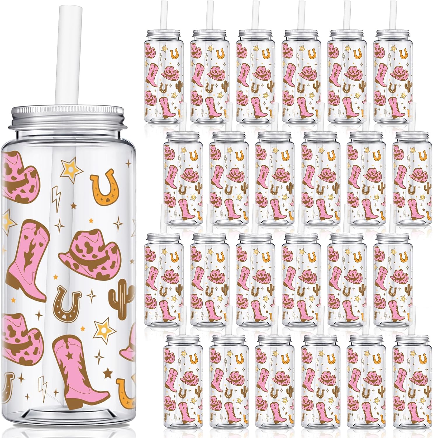 Qinyoung 24 Pcs Western Cowgirl Cowboy Plastic Tumbler 14.2 oz Cowgirl Party Favors Reusable Cups with Lids and Straws Decoration Iced Coffee Cup My First Rodeo Decorations(Classic Style,Pink Brown)