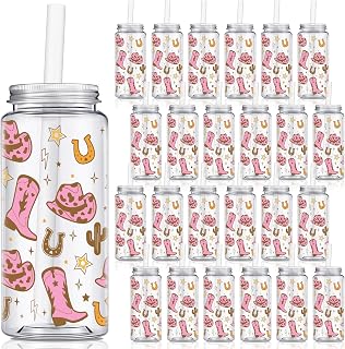 24 Pcs Western Cowgirl Cowboy Plastic Tumbler 14.2 oz Reusable Cups with Lids and Straws Beer Can Iced Coffee Cup for Preppy Party Decoration Women Cowgirl Gift (Pink Brown,Classic Style)