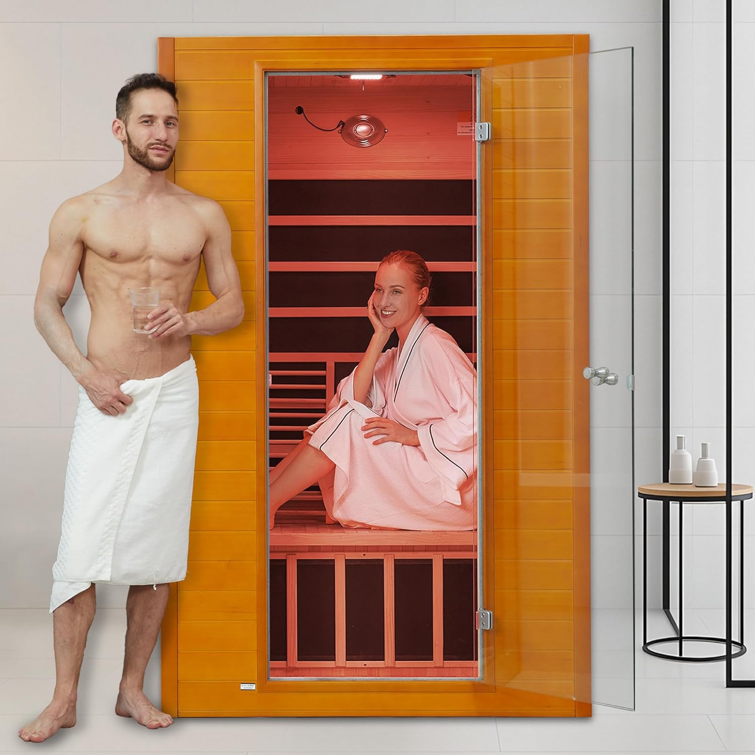 Real Relax Infrared Sauna, 2 Person Low EMF FAR Infrared Saunas for Home, Indoor Personal Canadian Hemlock Wood Sauna with 9 Chromo Therapy Lights, Bluetooth Speakers for Home & Gym Spa