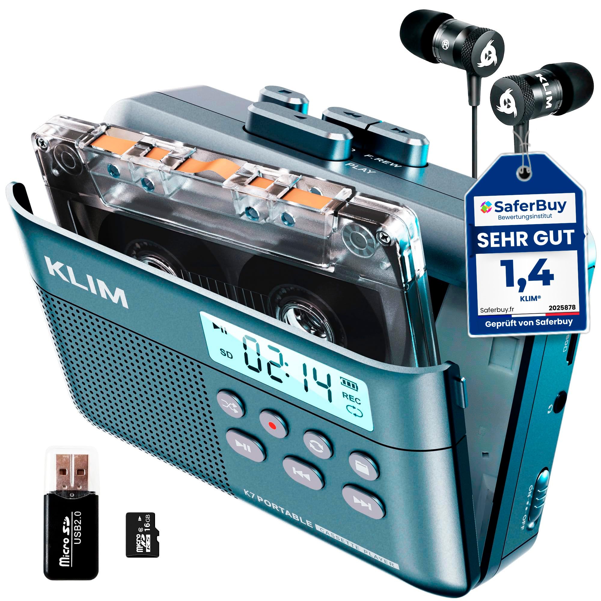 Kassettenspieler - Kassettenrekorder - Cassette Player - Kassetten Digitalisieren - Tragbarer - Mikrofon & Lautsprecher - Wiederaufladbarer Akku - Stereoausgang - 16GB SD-Karte - Blau