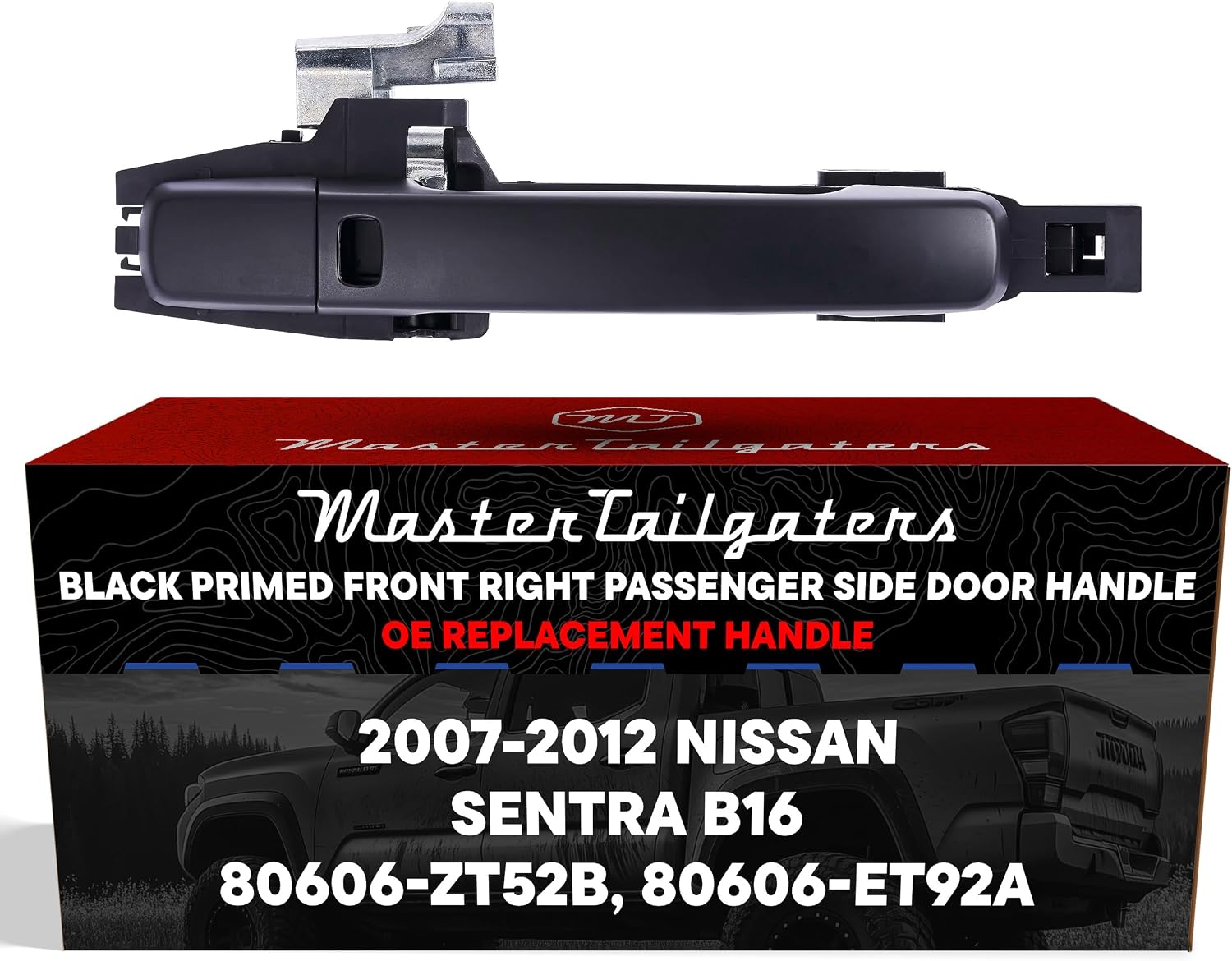 Exterior Door Handle Black Primed Replacement for Nissan Sentra B16 (2007-2012) (Smart Entry System w/o Sensor) OE Part # 80606-ZT52B, 80606-ET92A | Front Right Passenger Side w/o Keyhole