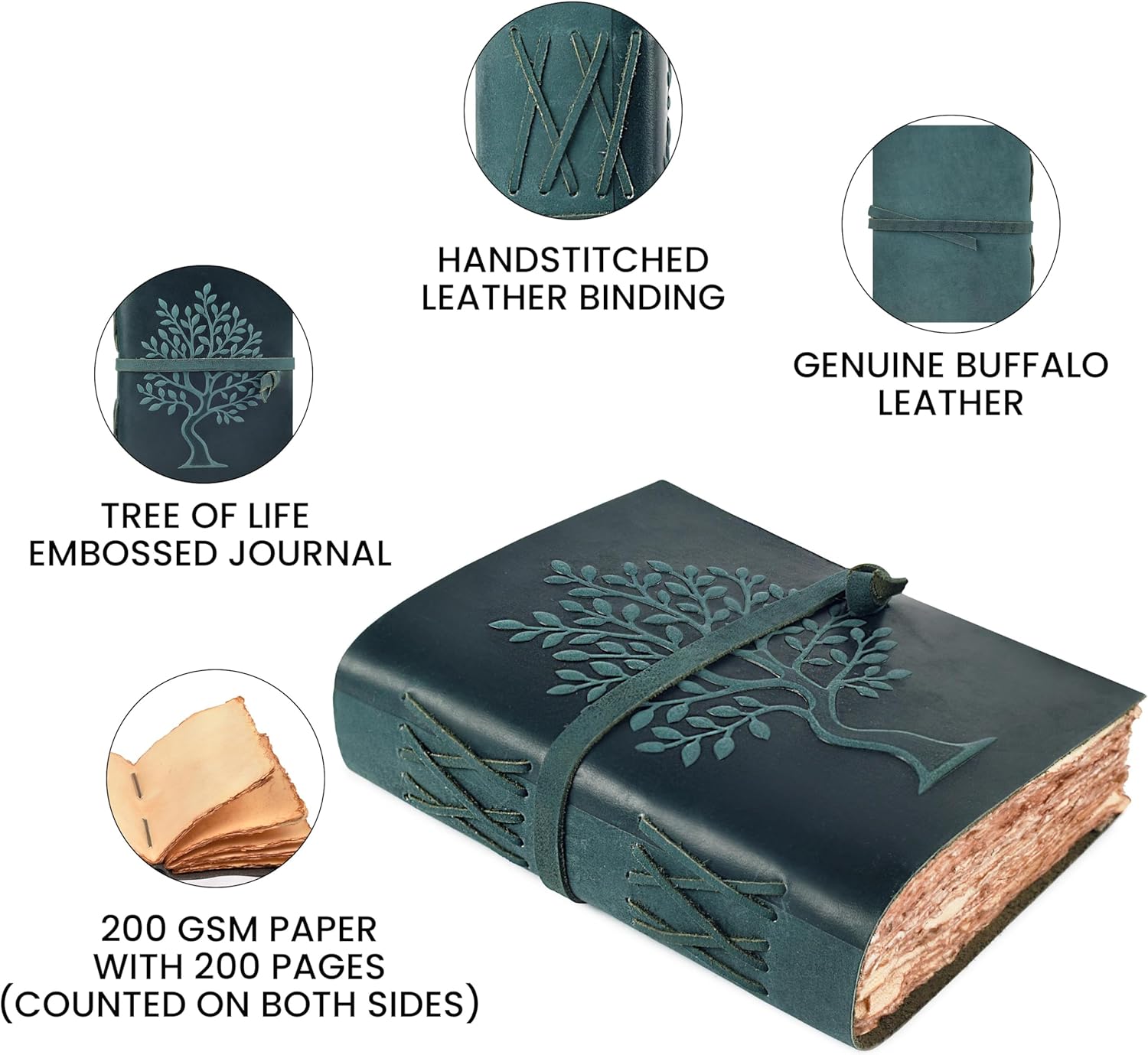 LEATHER VILLAGE Tree of Life Handmade Leather Bound Vintage Journal for Men & Women - 200 Pages Antique Deckle Edge Handmade Paper- Book of Shadow - Turquoise - 8X6 Inches