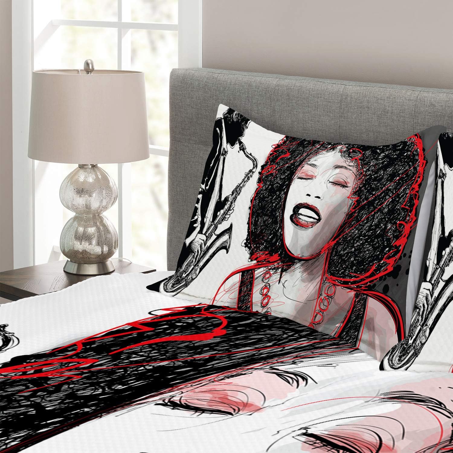 Amazon Crazy 🔥 Deals Ambesonne African Bedspread, American Girl Singing with Saxophone Player Popular Sound Design, Decorative Quilted 3 Piece Coverlet Set with 2 Pillow Shams, King Size, Black Pale Grey