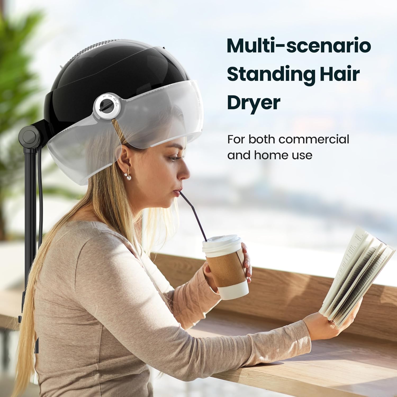 SalonDepot Professional Ionic Hooded Hair Dryer, 1875W Height Adjustable with Bonnet 3 Temperature Settings, Rolling Wheels for Salon, Spa and Home Use
